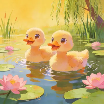 Ducklings Swimming Among Pink Lotuses — 289-piece jigsaw puzzle