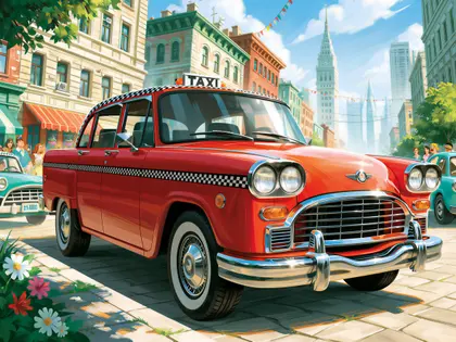 Vintage Red Taxi On City Street — 999-piece jigsaw puzzle