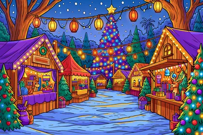 Illustrated Christmas Market Beneath Lit Trees — 609-piece jigsaw puzzle