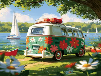 Flower Painted Camper By Lake — 800-piece jigsaw puzzle