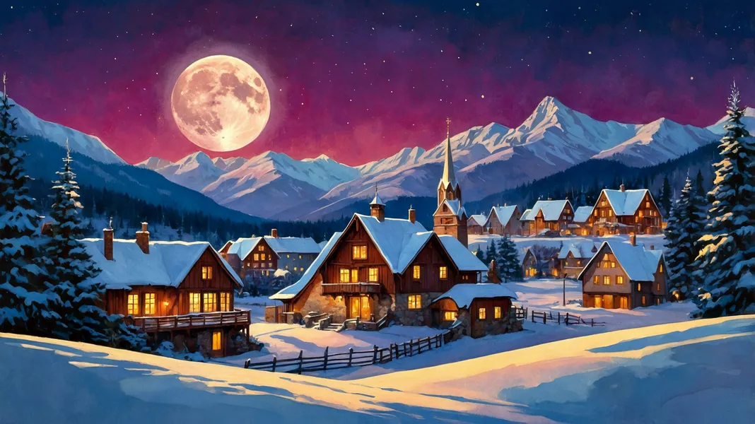 Winterliches Dorf im Mondlicht — 64-Teile-Puzzle