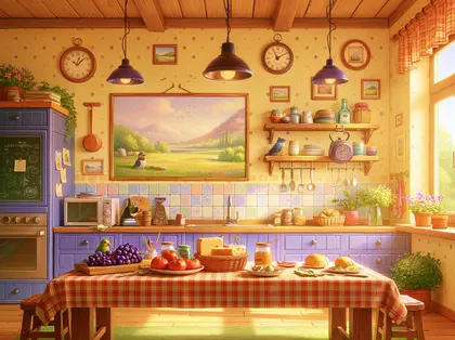 Sunlit Country Kitchen With Checkered Table — 165-piece jigsaw puzzle