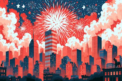 Patriotic Fireworks Above City Skyline — 77-piece jigsaw puzzle