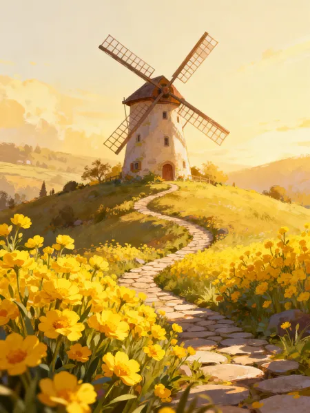 Golden Windmill Path — 64-piece jigsaw puzzle