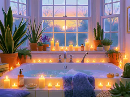 Candlelit Bathroom With Sunset Windows — 80-piece jigsaw puzzle