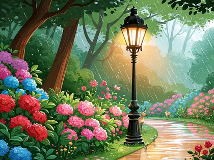Glowing Lamp In Rainy Garden — 80-piece jigsaw puzzle