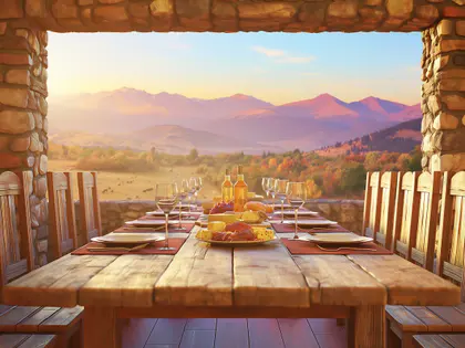 Rustic Terrace Table Over Mountain Valley — 154-piece jigsaw puzzle