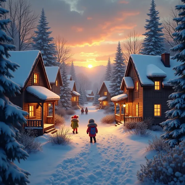 Winterdorp zonsondergang — 100-stukjes legpuzzel