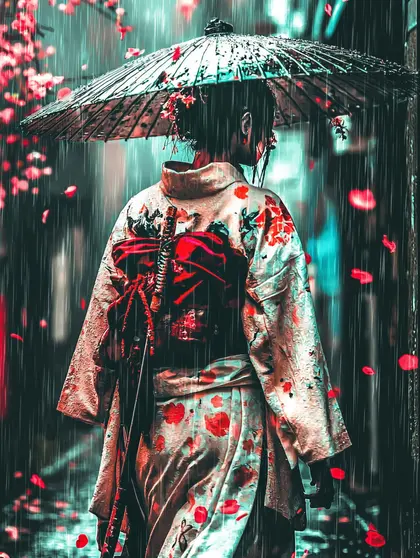 Kimono Figure Beneath Rainy Parasol — 99-piece jigsaw puzzle