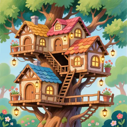 Whimsical Treehouse Village Among Green Canopies — 100-piece jigsaw puzzle